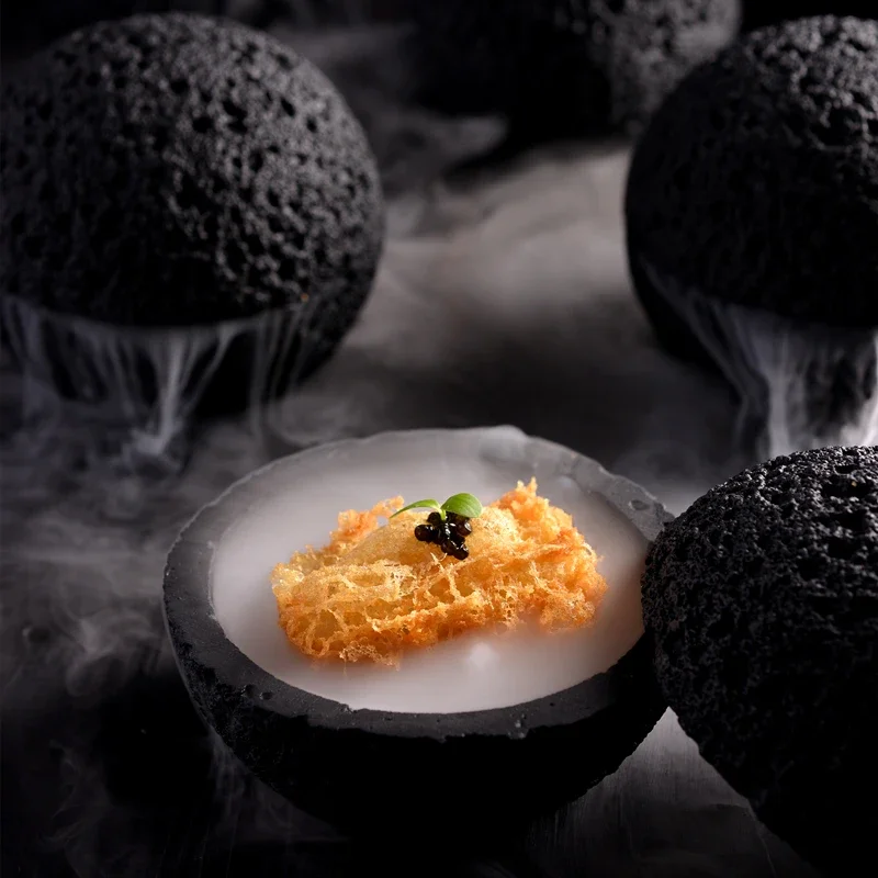 

Tableware Volcanic Soup Black Stone Creative Bowl Disk Molecular Ball Bowls Planet Of Round Smoked Cuisine Imitation