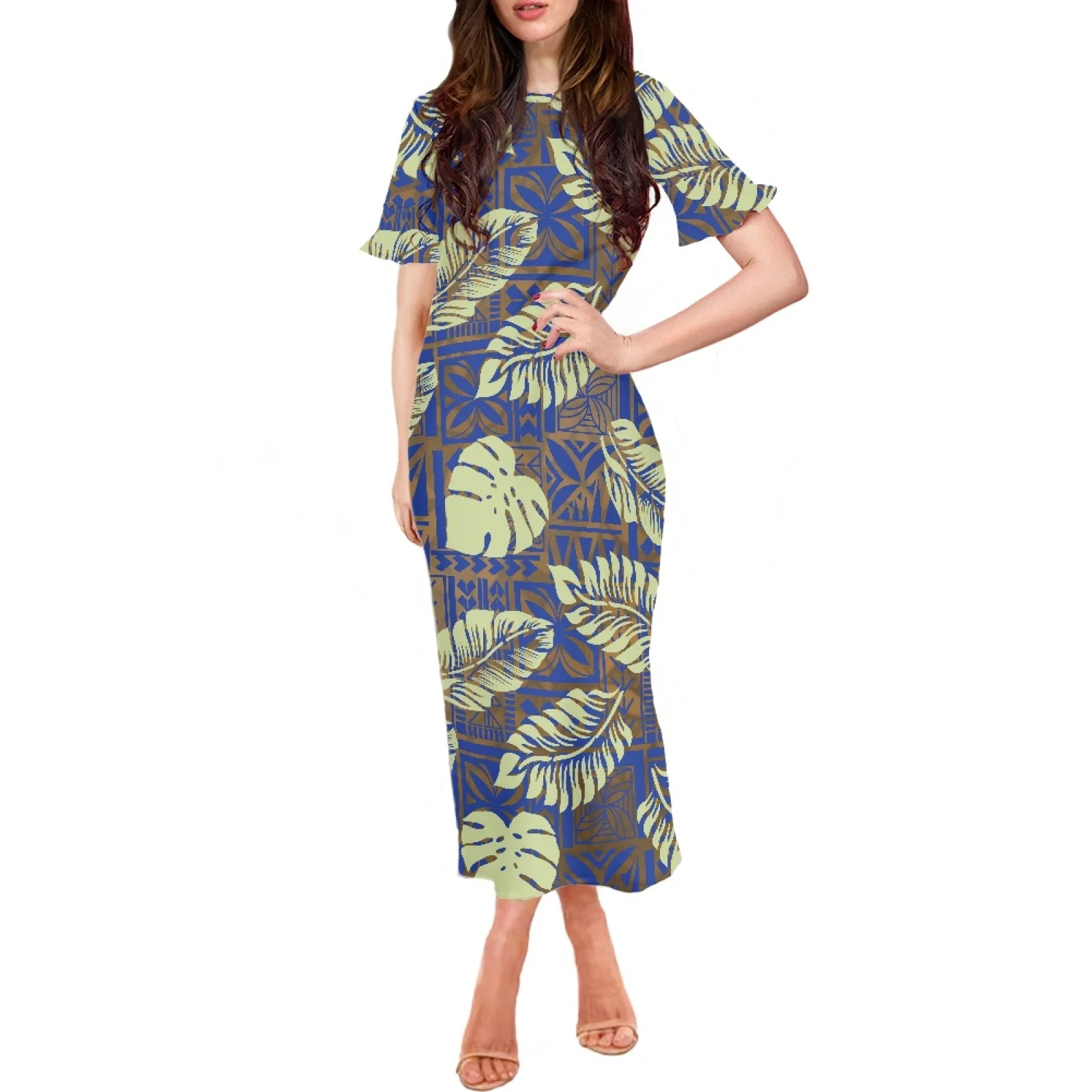 

Elegant Samoa Hawaii Spring Chic And Elegant Woman Dress Palm Leaves Print Clothing Short Ruffle Sleeve O-Neck Long Dress