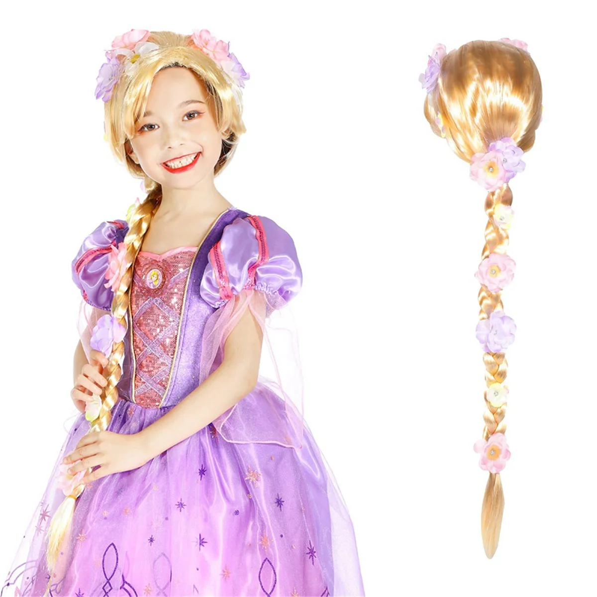 

Парик принцессы Зачарованного Рапунцель с большой оплеткой, с цветами для девочек, для представлений, для детей