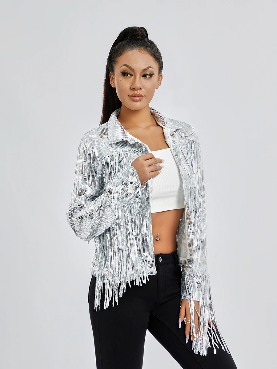 

Womens Sparkly Sequin Jacket Shiny Glitter Tassels Fringe Hem Jacket Shimmer Lapel Jacket Coat Cowgirl 90s Streetwear