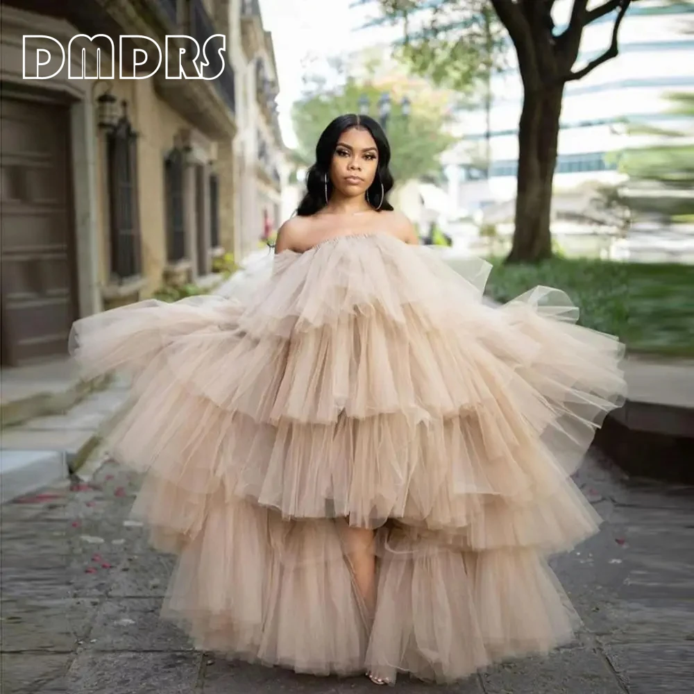 

Strapless Hi Low Ruffled Lush Woman Tutu Skirts Khaki Nude Party Night Dresses Puffy Tiered Tulle Long Dress for Women