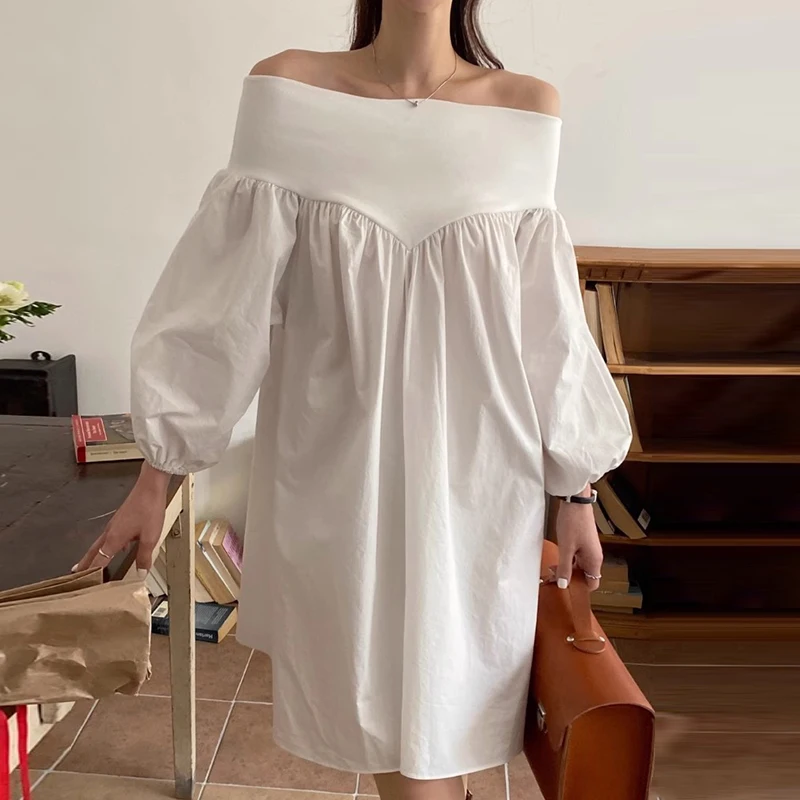 

VANOVICH Spring and Summer New French Temperament Slash Neck Off-shoulder Lantern Sleeve Dress Women Short Loose Waist Dresses