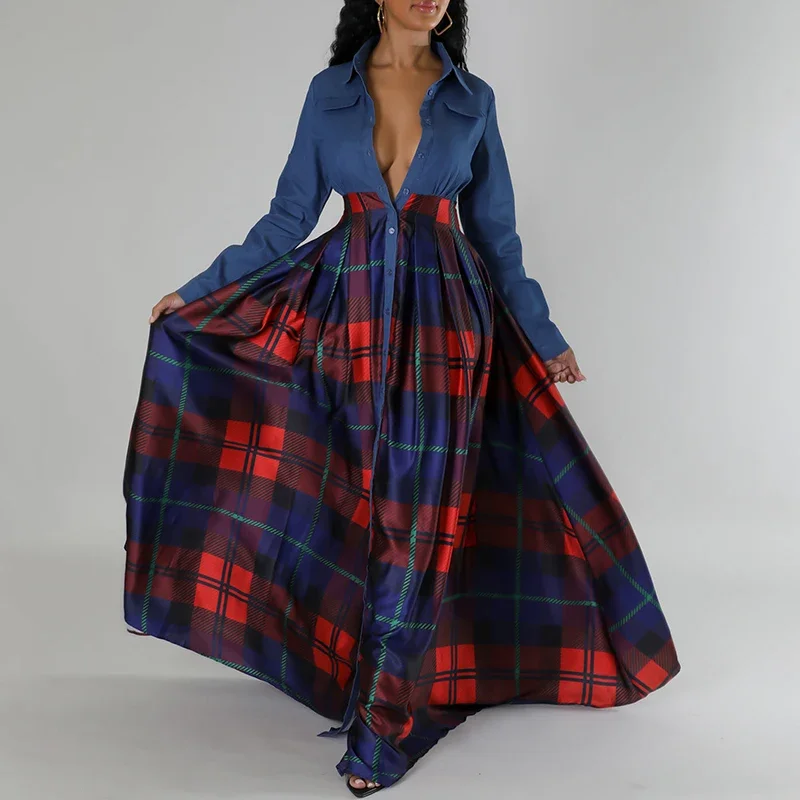 Women's Dress Fashion New Plaid Printing Patchwork Higt Waist Long Dresses Elegant Office Lapel Single Breasted Party Dress Lady
Women's Dress Fashion New Plaid Printing Patchwork Higt Waist Long Dresses Elegant Office Lapel Single Breasted Party Dress Lady