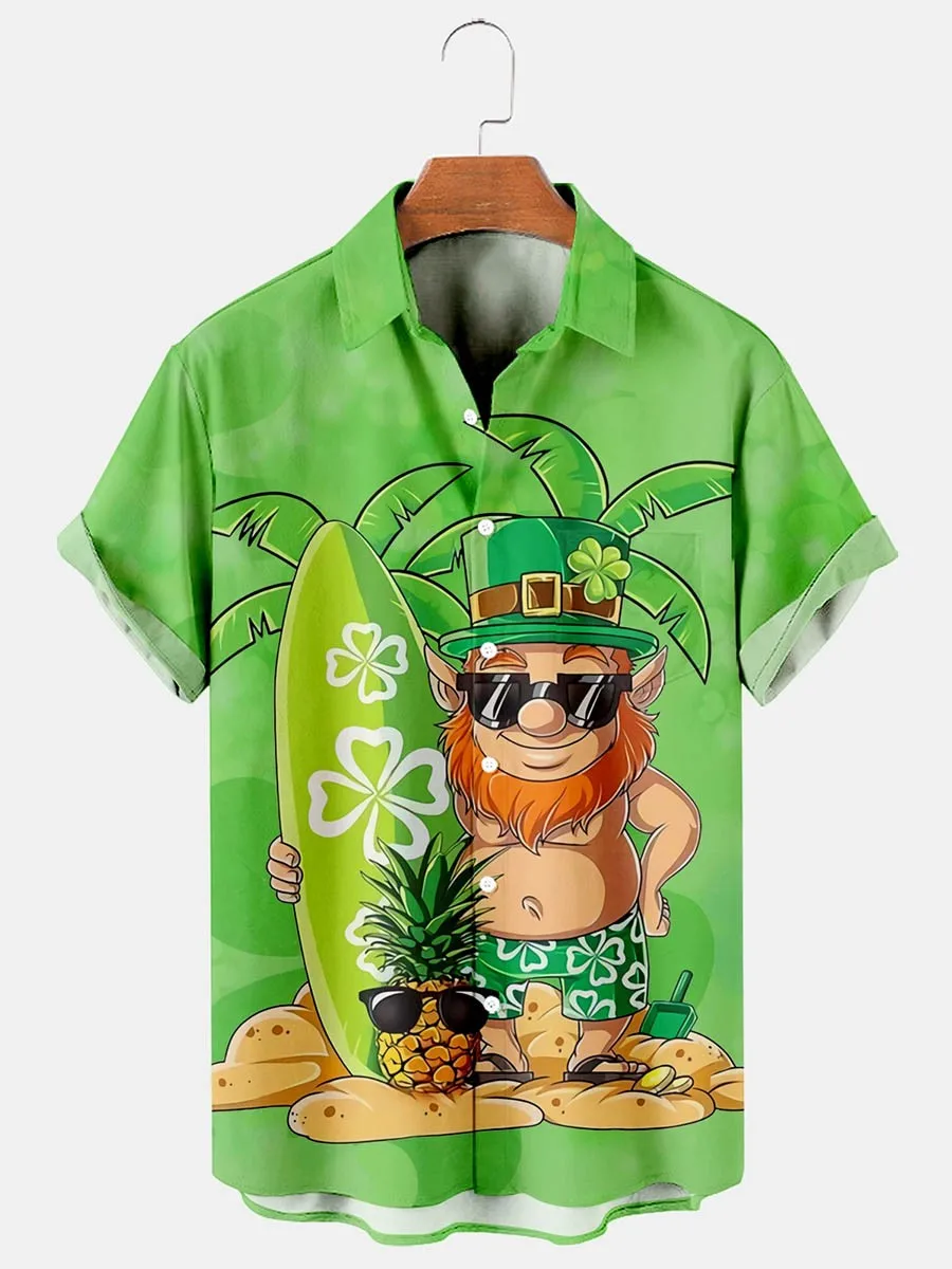 

Men's St. Patrick's Day Print Short Sleeve Shirt Hawaiian Coconut Tree Print Resort Style Men's Short Sleeve Top