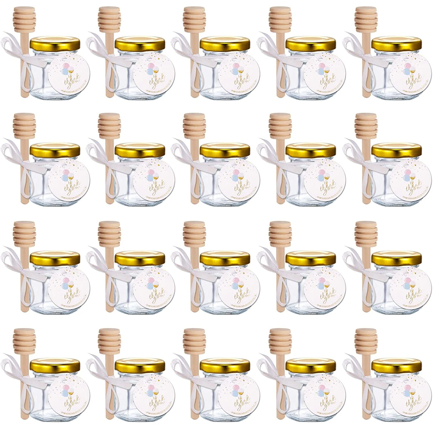 Mini Honey Jars w/ Gold Lids, Wood Dippers, Thank-You Tags & White Satin Ribbons. Cute Takehome Gifts for Guests in Baby Shower
Mini Honey Jars w/ Gold Lids, Wood Dippers, Thank-You Tags & White Satin Ribbons. Cute Takehome Gifts for Guests in Baby Shower
