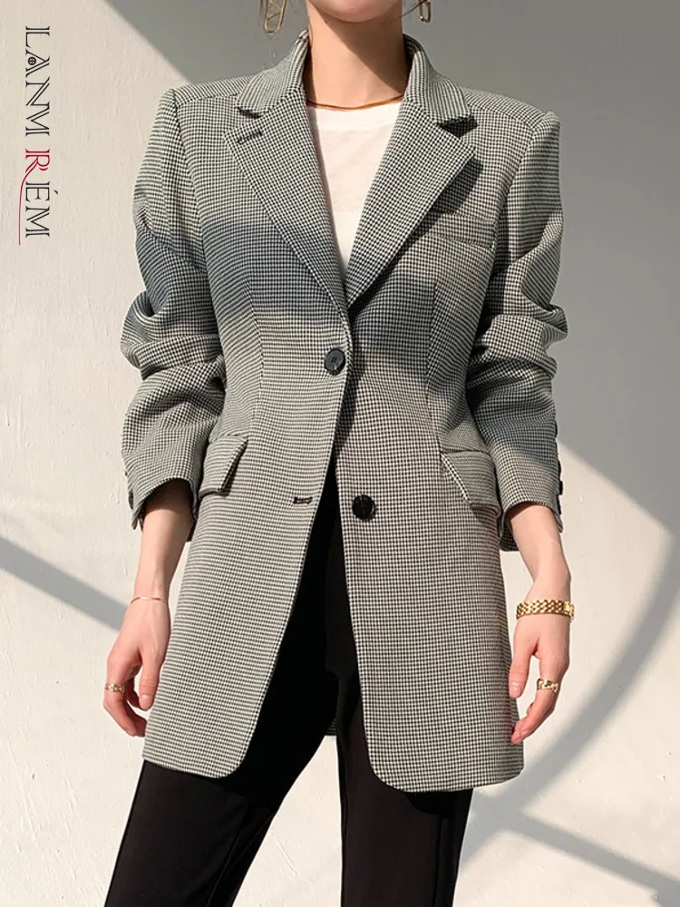 

[LANMREM] Office Lady Plaid Blazers For Women 2024 Spring New Single Breasted Gathered Waist Jackets Fashion Coats 26D8574