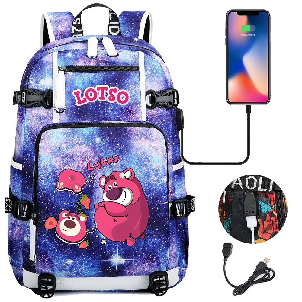 

Fashion Disney Toy Story Lotso Large Capacity Backpack Teenager Laptop Bag Waterproof Multifunction USB Charging Backpack