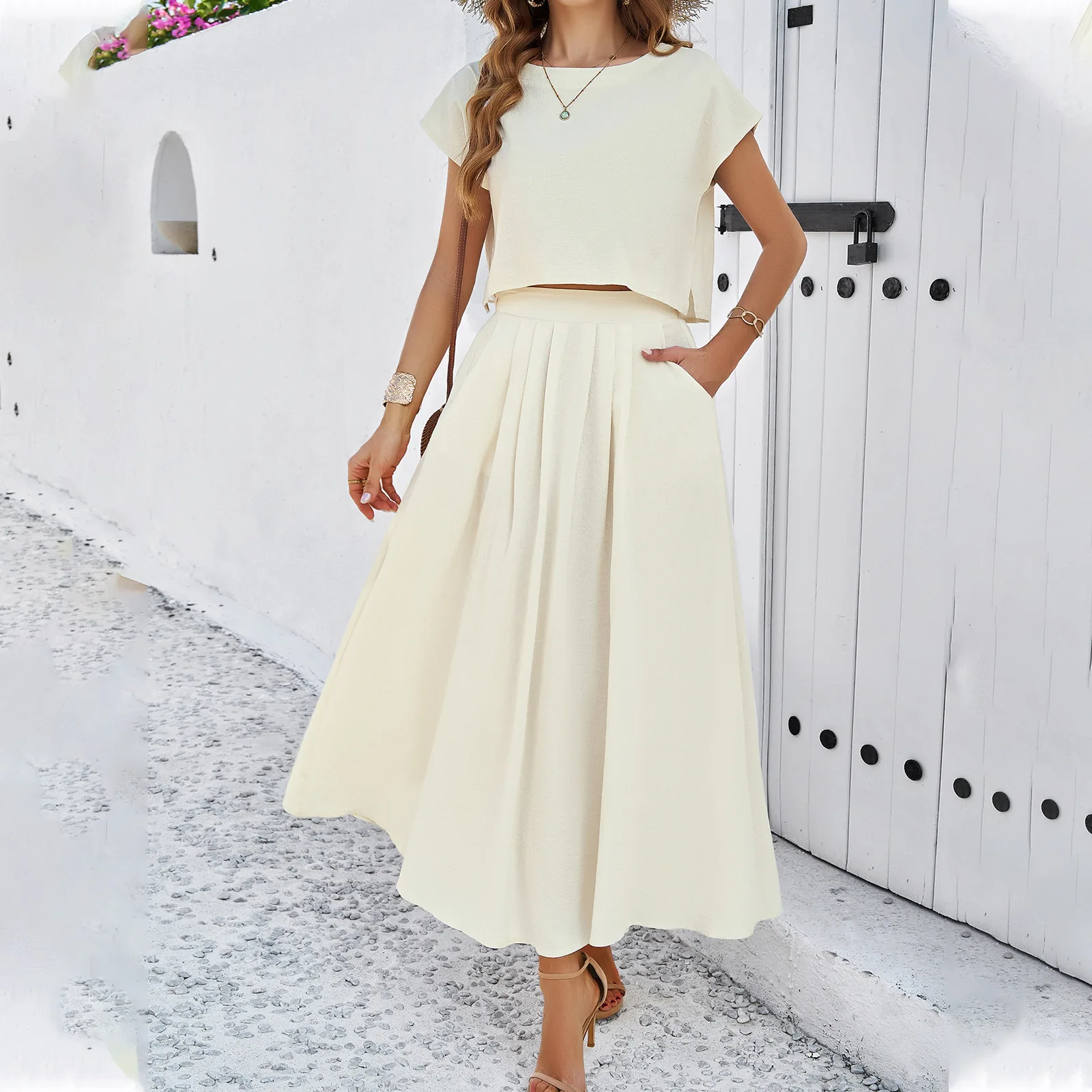 

High Quality Women Clothing 2024 Spring Summer Casual Sleeveless Top Pleated Long Skirt Set Vintage Bandage Skirts Maxi Fashion