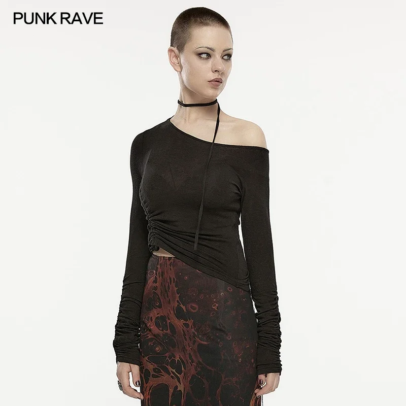 

PUNK RAVE Women's Gothic Asymmetric Slant Neck Super Soft Long Sleeve T-shirt Hem Adjustable Drawcord Punk Daily Black Tops