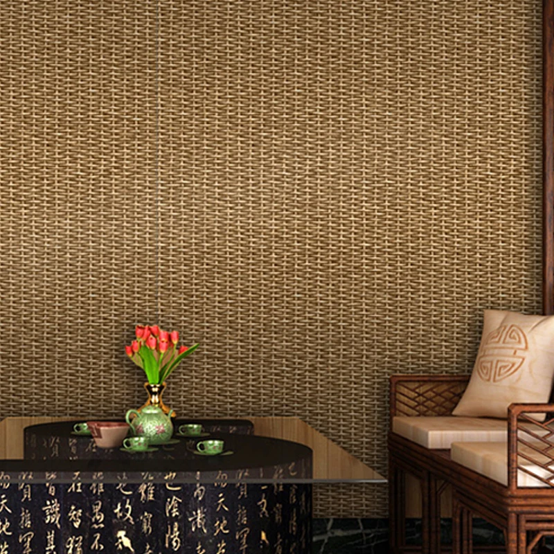 

Retro Linen Grasscloth Wallpaper Designs Brown PVC Fiber Flax 3D Textured Solid Color Rattan Wall Papers for Living Room Walls