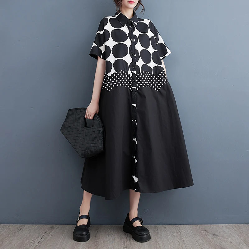 

Japanese Korea Style Print Dots Patchwork Single Breasted Chic Loose Summer Blouse Dress Street Fashion Women Casual Midi Dress