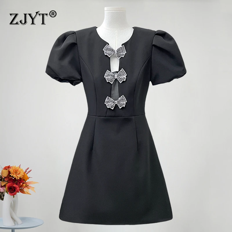 

ZJYT Elegant Beading Bowknot Mini Black Dresses for Women Puff Sleeve Short Party Dress Summer 2024 Runway Fashion Vestidos