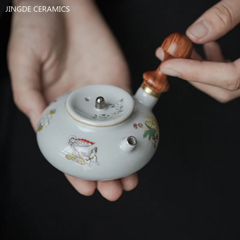 

90ml Antique Ceramic Side Handle Teapot Walnut Handle Small Capacity Beauty Kettle Home Tea Infuser Chinese Tea Accessories