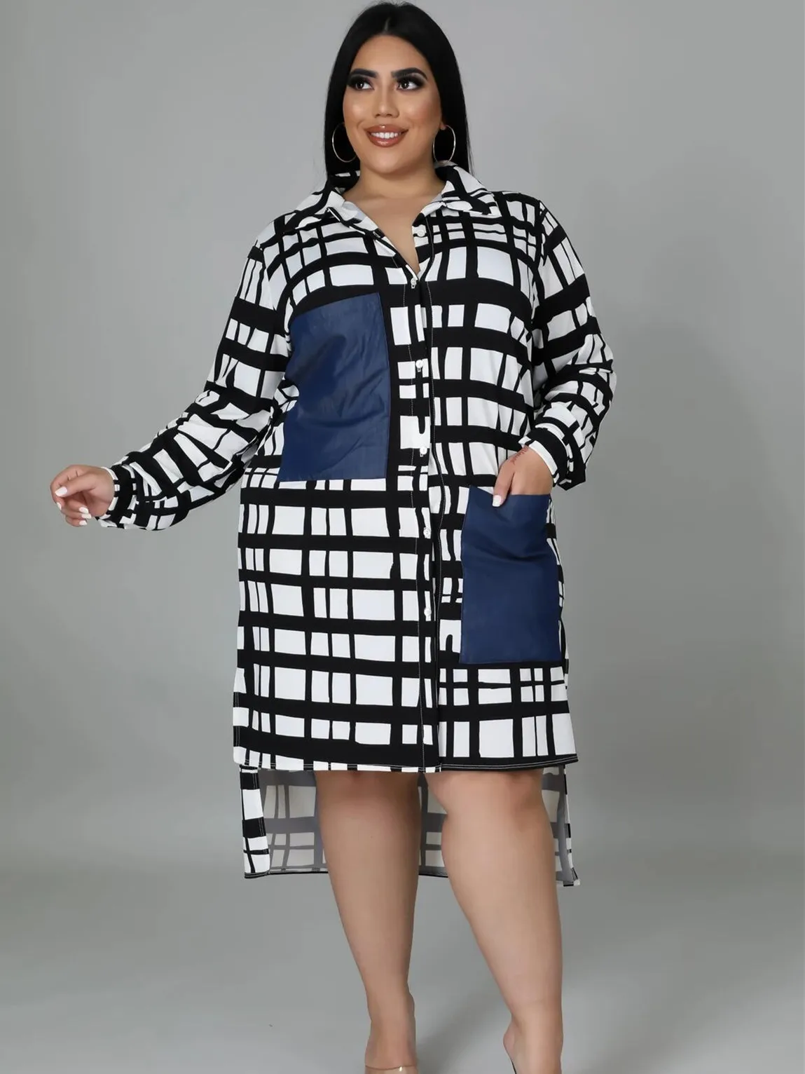 

Women Plus Size Clothing Check Print Panel Ladies Shirt Dress Lapel White Khaki Pink Yellow L-5XL Oversized