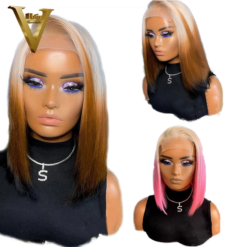 

Short Bob Pixie Cut 4X4 Lace Closure Human Hair Wigs For Black Women 613 Honey Blonde Ombre Brown Pink Color Preplucked
