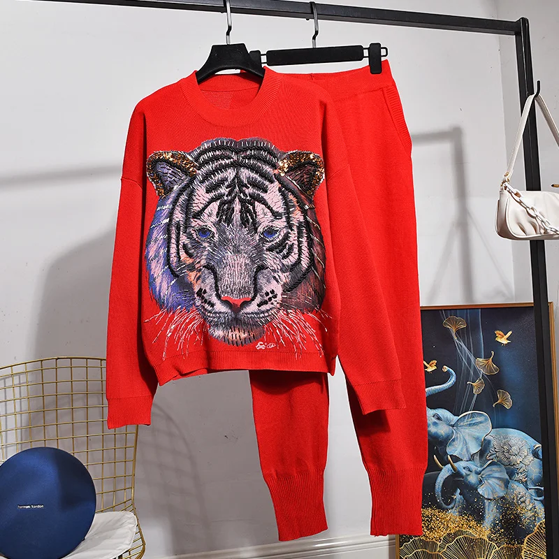 

Red Knitted Tracksuits Set Women 2pc Autumn Fashion Sequins Tiger Long Sleeve Sweater Pencil Pants Knit Two Piece Outfits Female