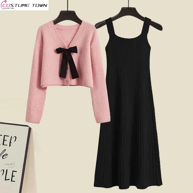 Autumn and Winter Set Women's 2023 New High Grade Bow Knitted Sweater Women's Slim Slim Strap Dress Two Piece Set
Autumn and Winter Set Women's 2023 New High Grade Bow Knitted Sweater Women's Slim Slim Strap Dress Two Piece Set
