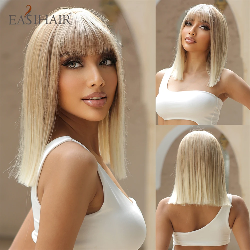 

EASIHAIR Ombre Light Platinum Blonde Short Straight Synthetic Wigs with Bang for Women Daily Cosplay Heat Resistant Bob Hair Wig