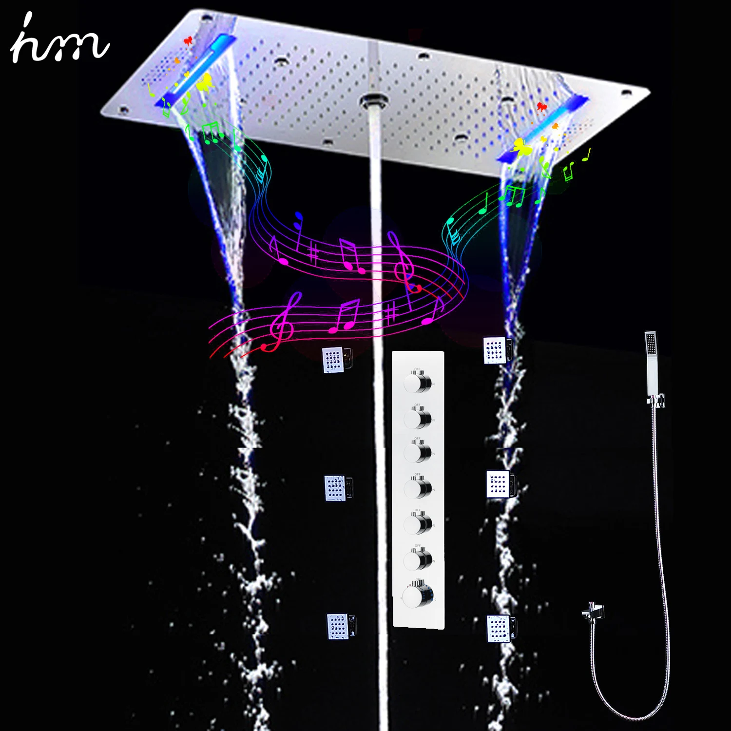 

hm Europe Style Music LED Shower Head System Mist Spray Waterfall Rainfall Shower Set Thermostatic Mixer Faucet With Side Jets