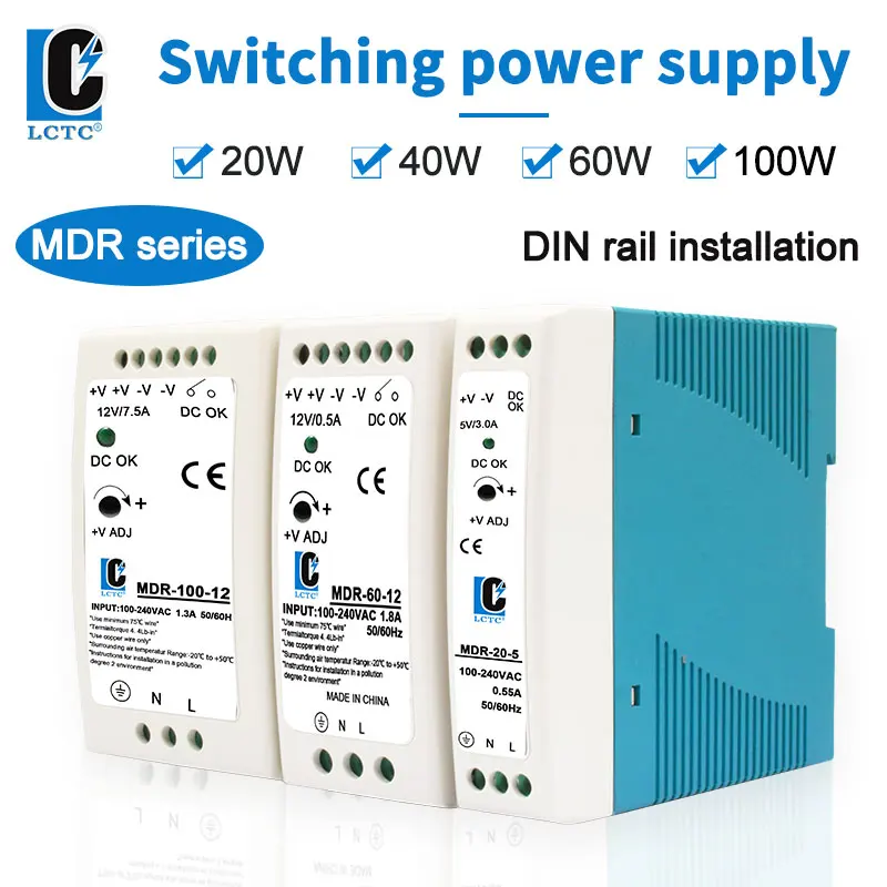 LCTC Switching Power Supply 5V 12V 24V 48V Power Supply MDR-20W 60W 100W DIN Rail Power Supply AC/DC Single Output Switch
LCTC Switching Power Supply 5V 12V 24V 48V Power Supply MDR-20W 60W 100W DIN Rail Power Supply AC/DC Single Output Switch