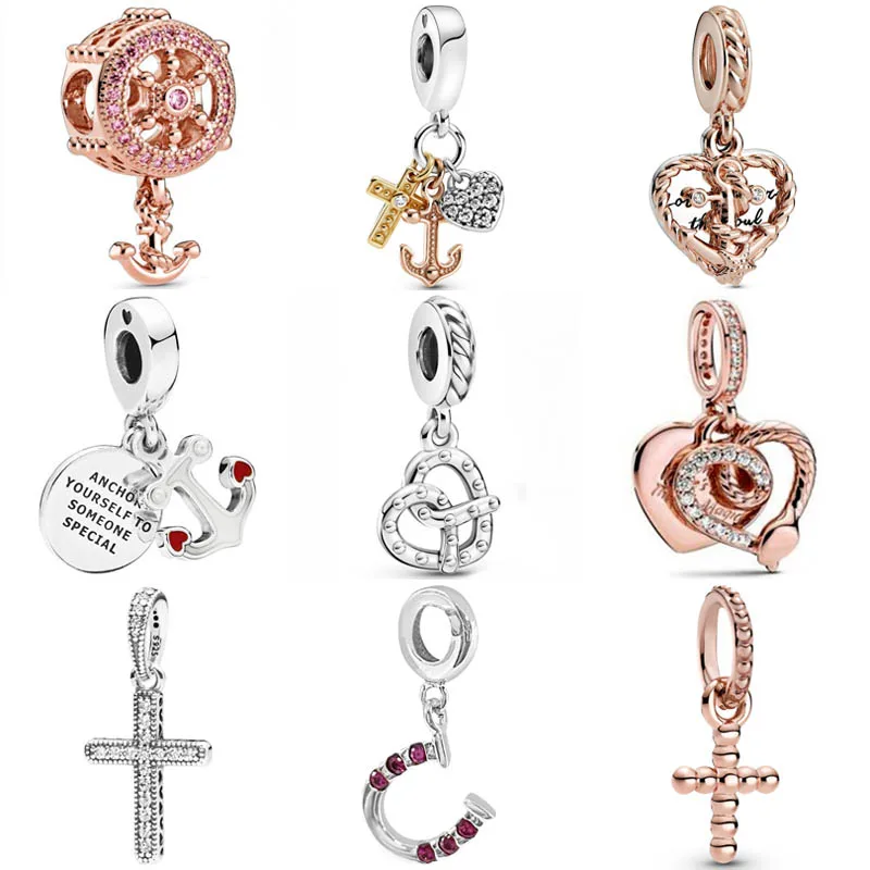 

DIY Charm Helm & Anchor Triple-tone Cross Heart & Anchor Cross Pendant 925 Sterling Silver Bead Fit Fashion Bracelet Jewelry