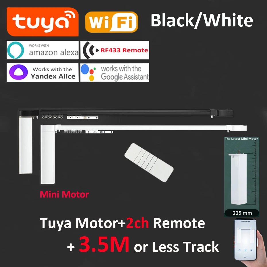 

3.5M or less Smart Curtain Track Rail w The Latest Shorter Tuya Wifi Electric Motor Intelligent Remote for Alexa Google Assist