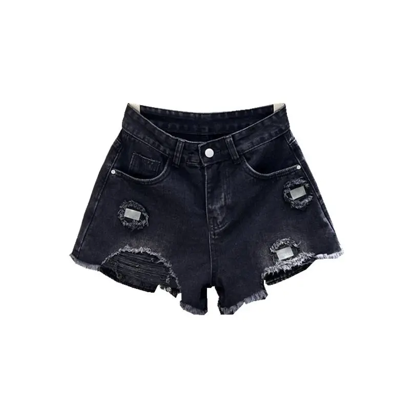 

Black denim shorts female summer new broken holes versatile raw edge high waist a word wide leg hot pants 2024