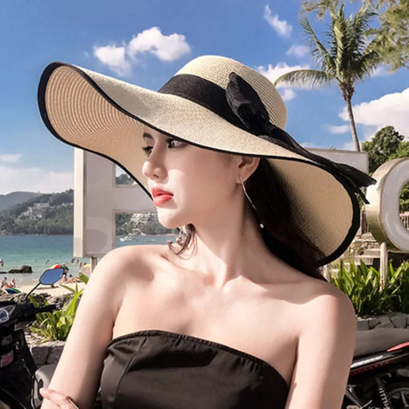 

2023 New Women Summer Beach Travel Straw Hat Seaside Big Hat Brim Sunblock Sunshade Holiday Foldable Fashion Big Cool Hat