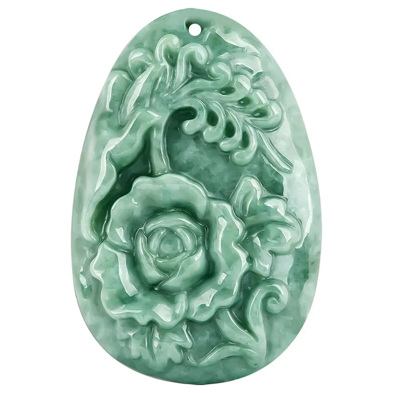 

Burmese Jade Flower Pendant Carved Man Natural Men Charms Necklace Gemstone Talismans Jewelry Jadeite Stone Green Emerald