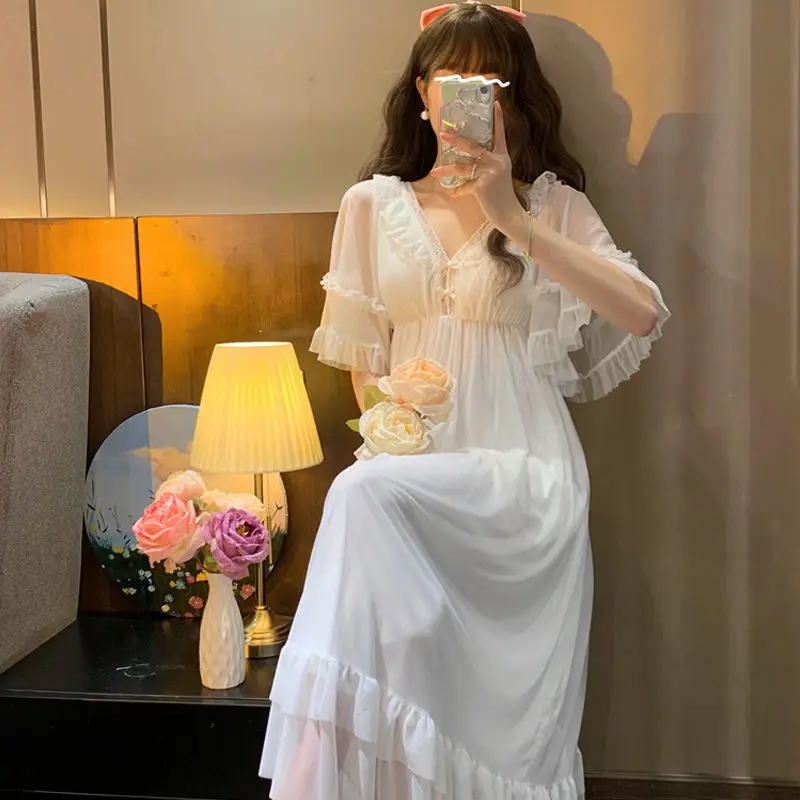 

Women Lolita Dress Chest with Pad Princess Sleepwear White Lace Fairy Night Dress Vintage Nightgown Kawaii Nightdress Loungewear