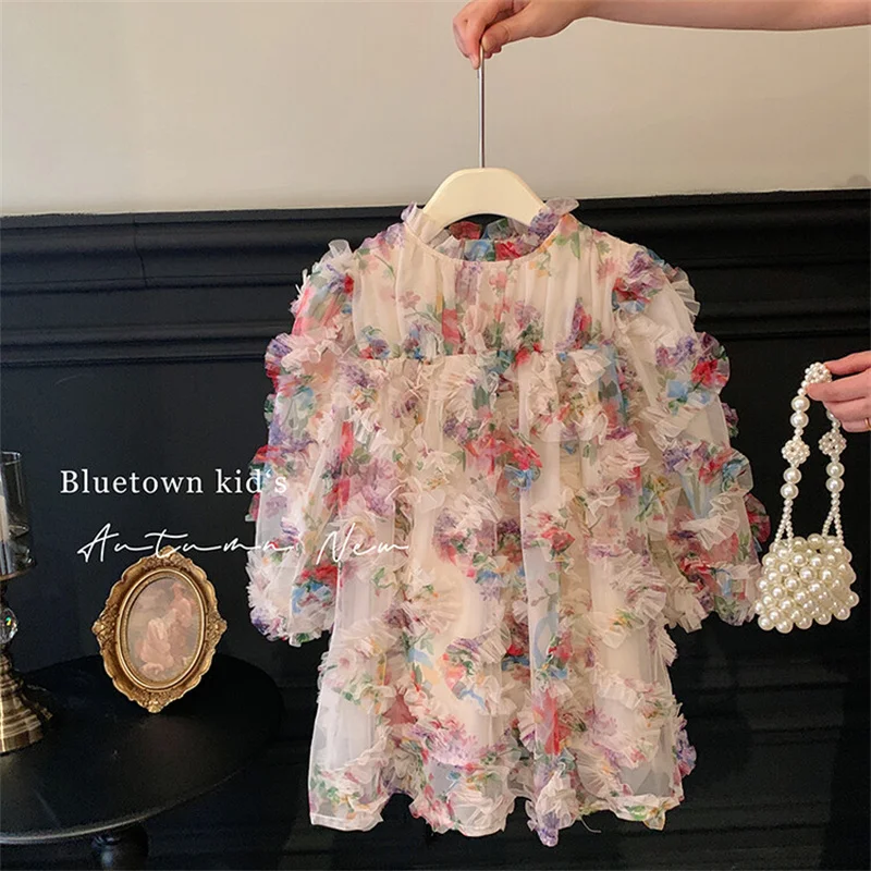 

Girls' dress spring new 2024 Korean version of foreign girl baby bubble sleeve three-dimensional flower fairy dress