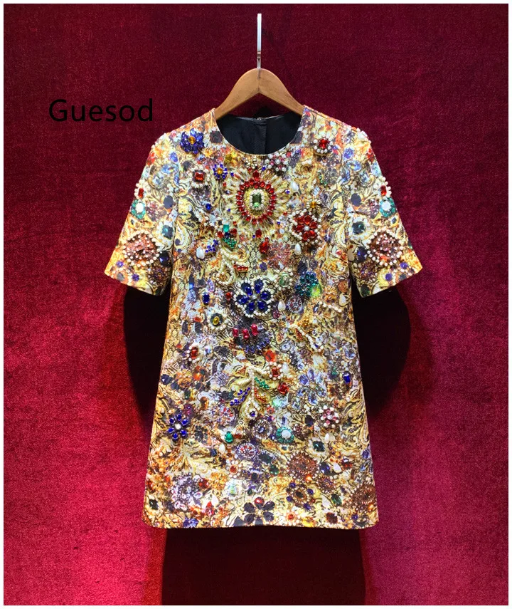 

Guesod Women Europe Vintage Baroque Handmade Diamond Beading Luxury Slim Top Quality Elegant Top Quality Dress Female New Arrive