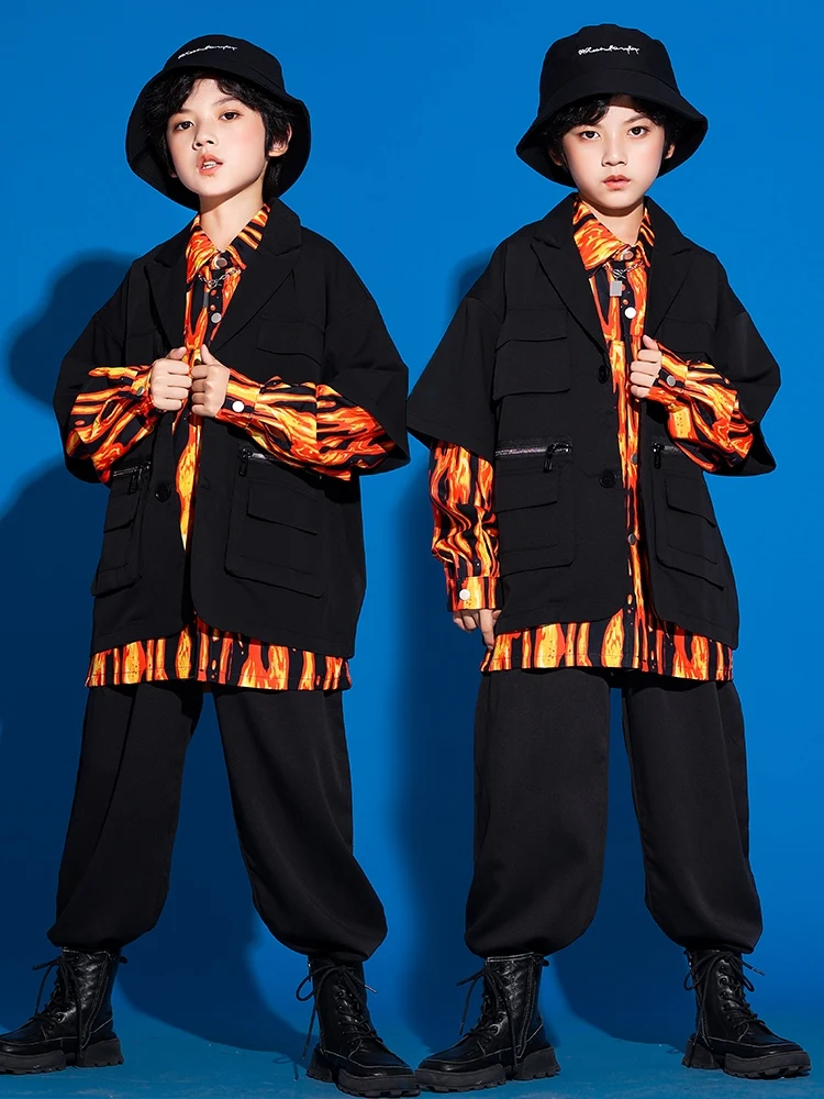 Костюм для мальчиков и девочек DQS15512, рубашка с принтом пламени и брюки-карго, костюм для современных джазовых танцев, одежда для выступлений и представлений 
Костюм для мальчиков и девочек DQS15512, рубашка с принтом пламени и брюки-карго, костюм для современных джазовых танцев, одежда для выступлений и представлений