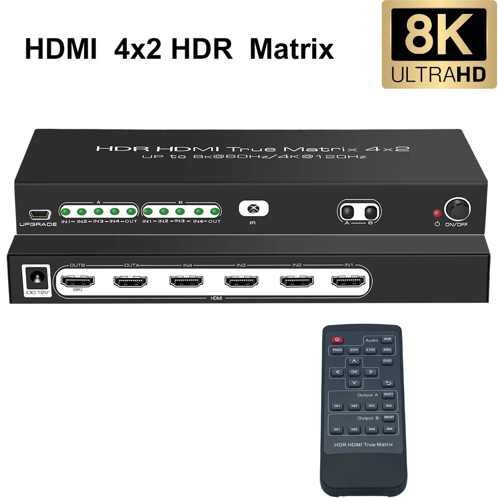 

HDMI Switcher 4K 120Hz 8K Splitter HDMI Matrix Switch 4 In 2 Out Remote Control Dolby Vision Atmos VRR HDR HLG ALLM for PS5 Xbox