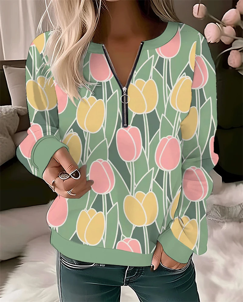 3D tulip print women's thin round neck zippered women's hoodie original design women's clothing comfortable casual pullover
3D tulip print women's thin round neck zippered women's hoodie original design women's clothing comfortable casual pullover