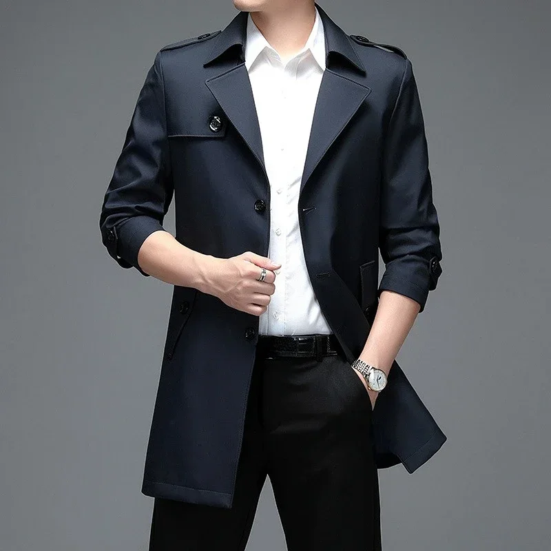 

Male Streetwear Trench Coat Men Long Windbreaker Casual Business Blue Khaki Jacket Plus Size Button Up Overcoat Fashion 4xl 3xl