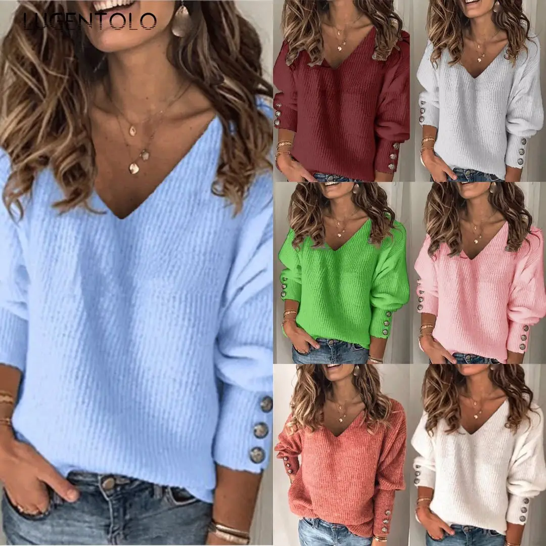 Women Knitted Sweater V-neck New Solid Casual Fahion Loose Button Autumn Winter Female Long Sleeve Button Clothing
Women Knitted Sweater V-neck New Solid Casual Fahion Loose Button Autumn Winter Female Long Sleeve Button Clothing