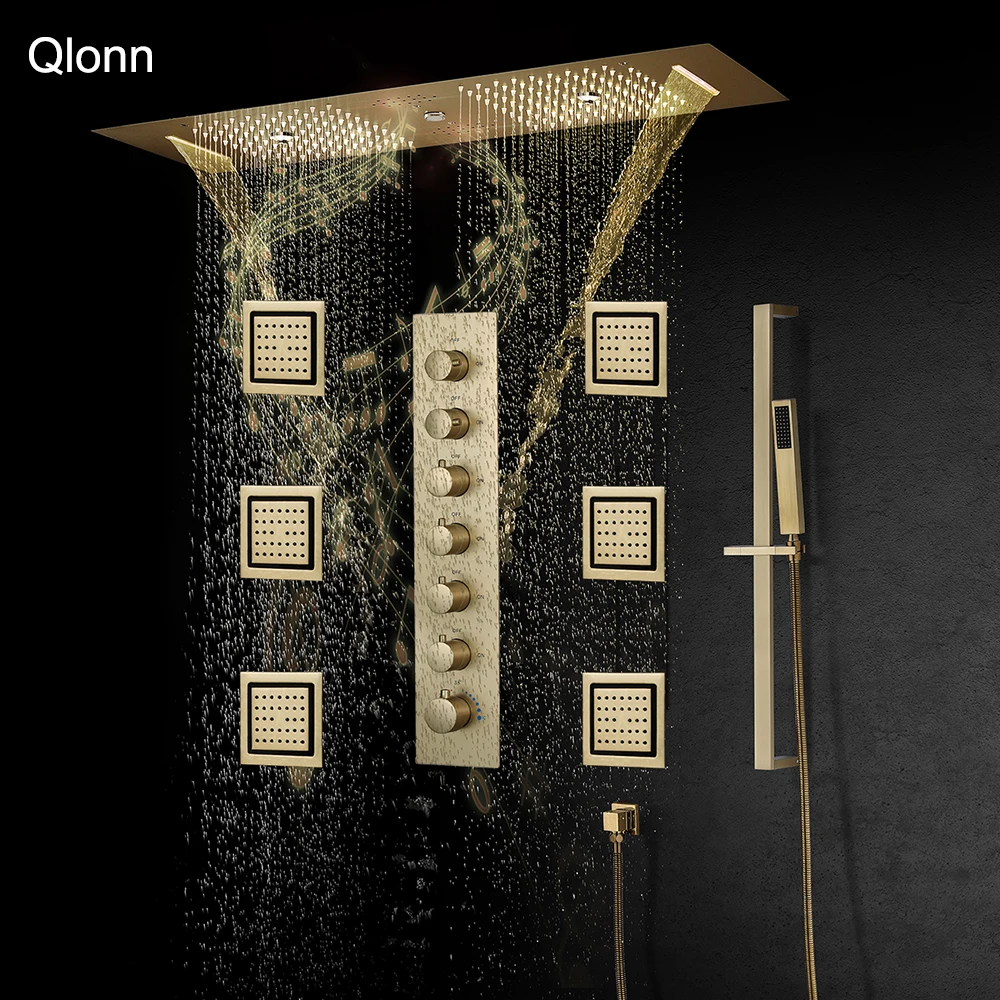 

Qlonn 35*12 Inch Large Gold LED Shower Head Bathroom Emotional Appeal Shower Faucet Set Multi Functions Hotel Smart Rain Showers