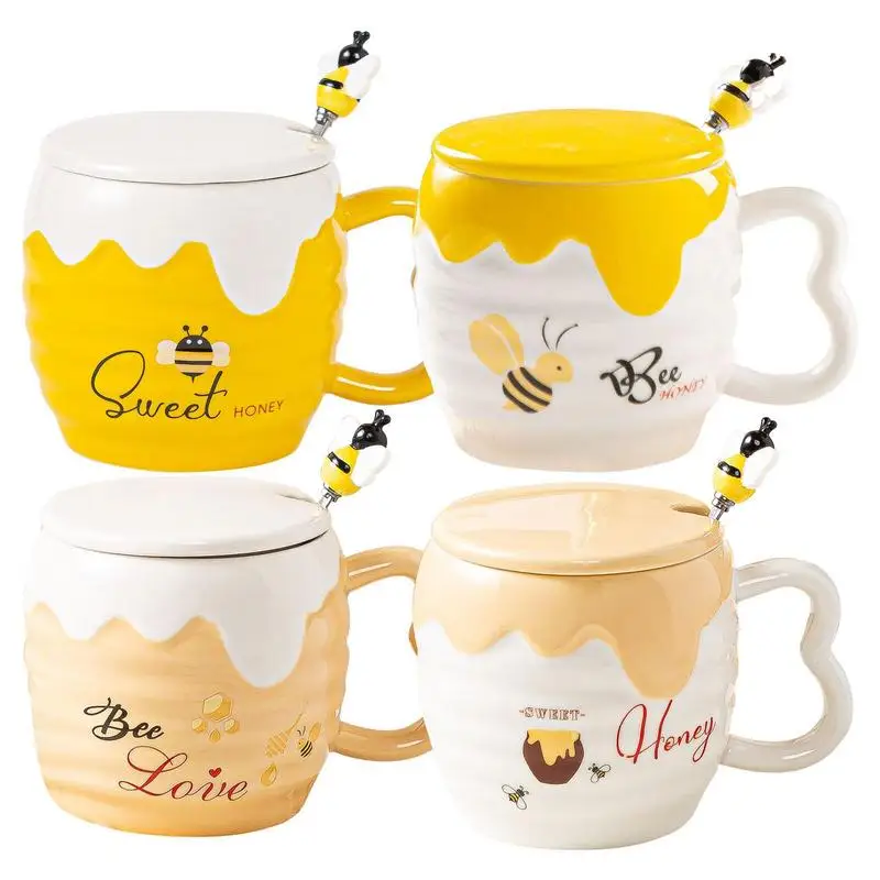 

Bee Mug 450ML Ceramic Honey Cup With Cover & Spoon Bee Coffee & Tea Mug Creative For Kitchen Office Bumble Gifts For Bee Lovers