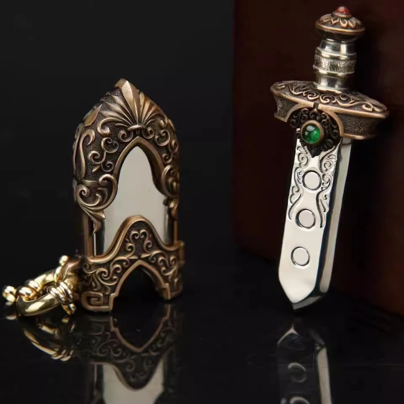 

7.5cm Sword Push Slider Bronze Cupronickel Handmade Inlaid EDC Keychain Pendant Magnetic Slider Metal Fidget Slider Fidget Toys