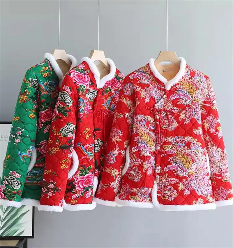 

Хлопковое пальто с большими цветами на северо-востоке, Женская осенне-зимняя куртка из флиса с китайскими пуговицами для мам, верхняя одежда K036, 2024