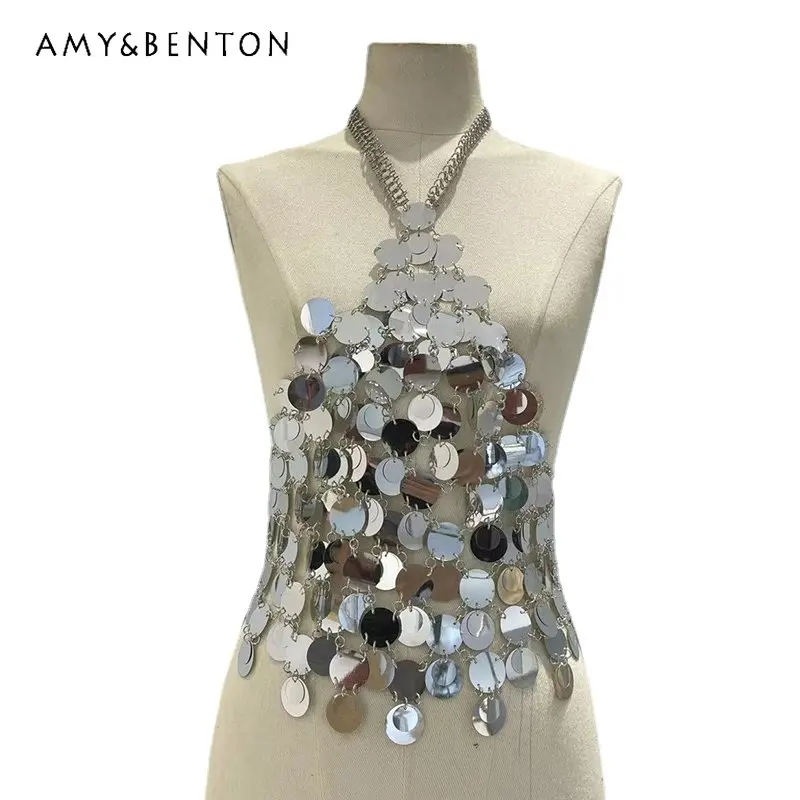 European American Pure Color Sequins Sexy Cutout Nightclub Party Performance Wear Halterneck Vest Chain Shiny Camisole Crop Top
European American Pure Color Sequins Sexy Cutout Nightclub Party Performance Wear Halterneck Vest Chain Shiny Camisole Crop Top