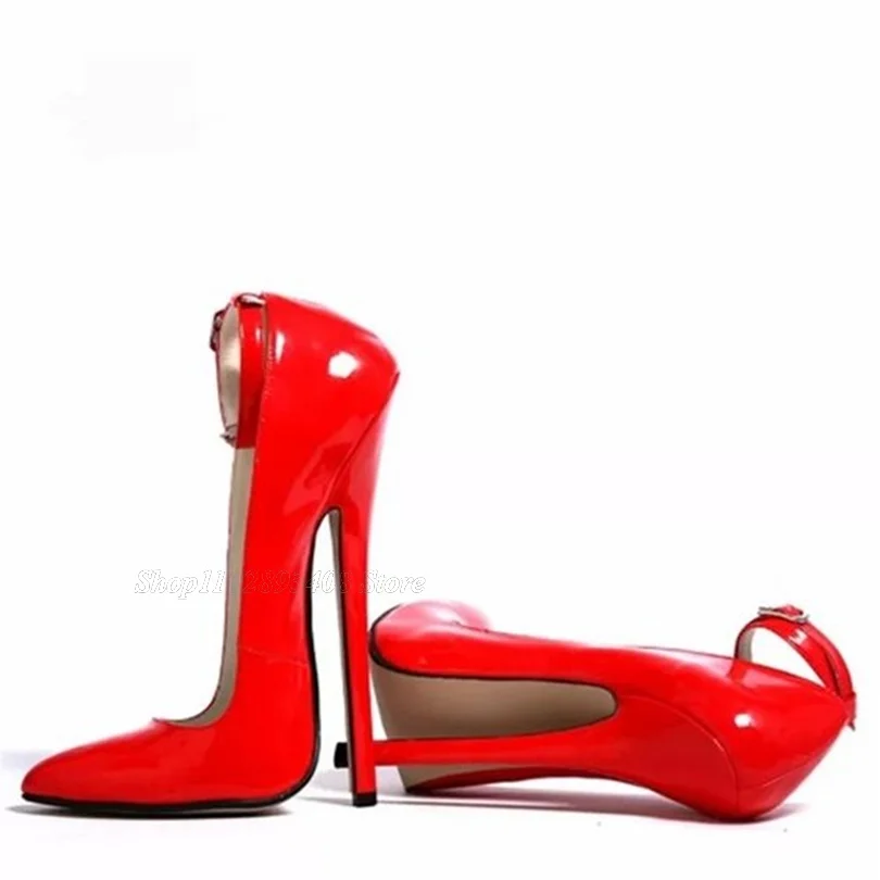 

Red Patent Leather Stiletto Pumps Pointed Toe Ankle Buckle British Style Sexy Women Party Dress Shoes 2024 Zapatos Para Mujere