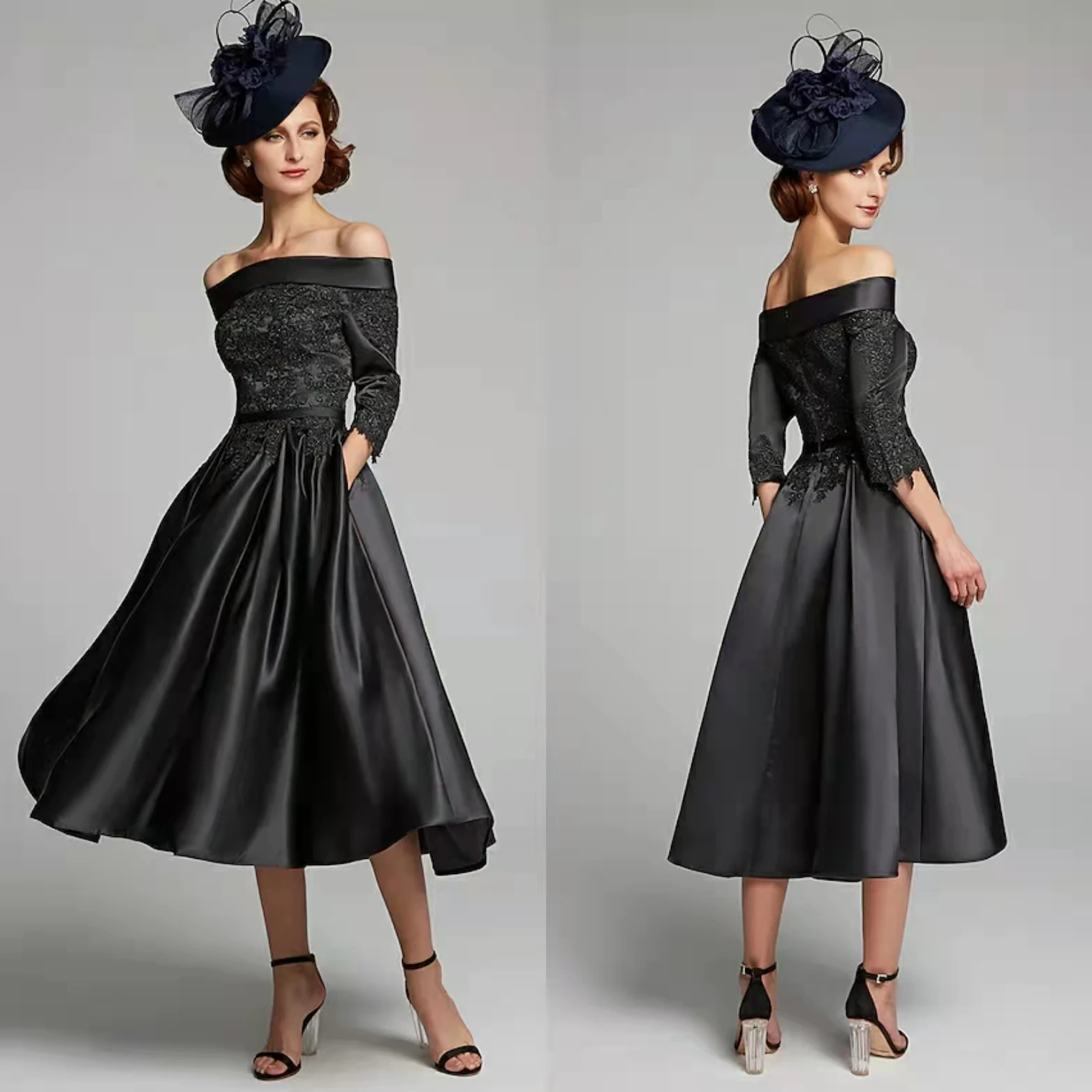 Elegant Short Satin Boat Neck Mother of Bride Dresses With Pockets A-Line Black Lace Evening Dress Wedding Guest Dresses
Elegant Short Satin Boat Neck Mother of Bride Dresses With Pockets A-Line Black Lace Evening Dress Wedding Guest Dresses