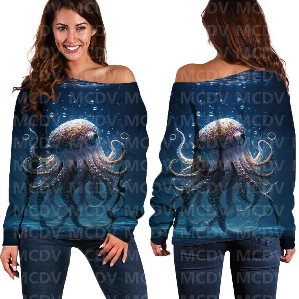 

Женский свитер с открытыми плечами, Повседневный свитер с длинным рукавом и 3D-принтом осьминога/рыбы, пуловер