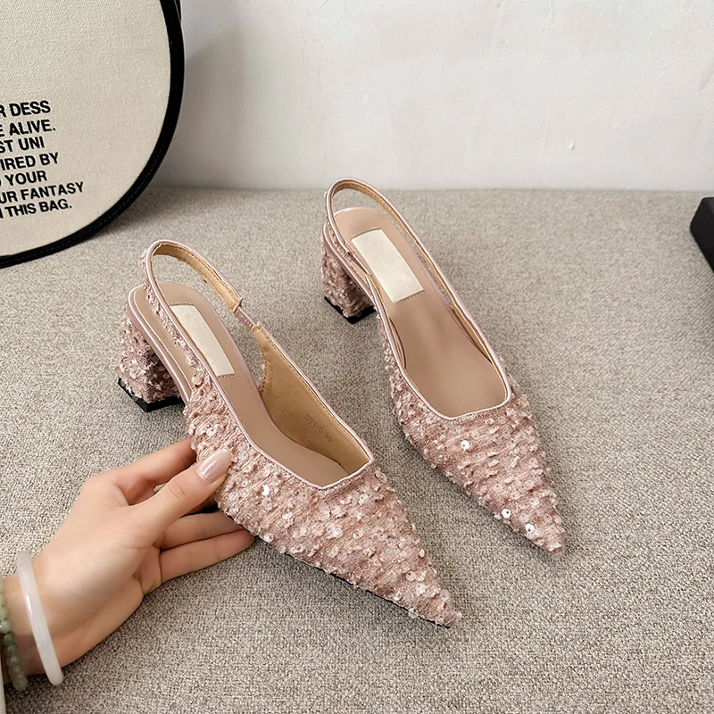 

Women's Sequins Pattern Flat Sandals, Point Toe Slip On Solid Color Buckle Shoes, Comfy Skirt Fairy Style Shoes for Music Festiv