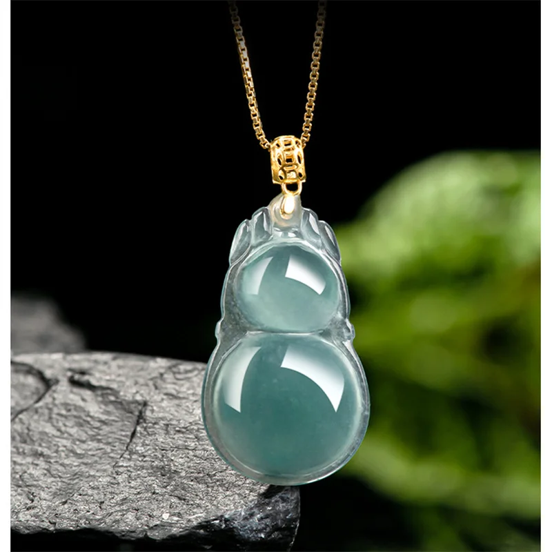

Jia Le/18K Gold Inlaid Ice Natural Jade Blue Water Gourd Emerald Necklace Pendant Fashion Jewelry Men and Women Amulet Gift