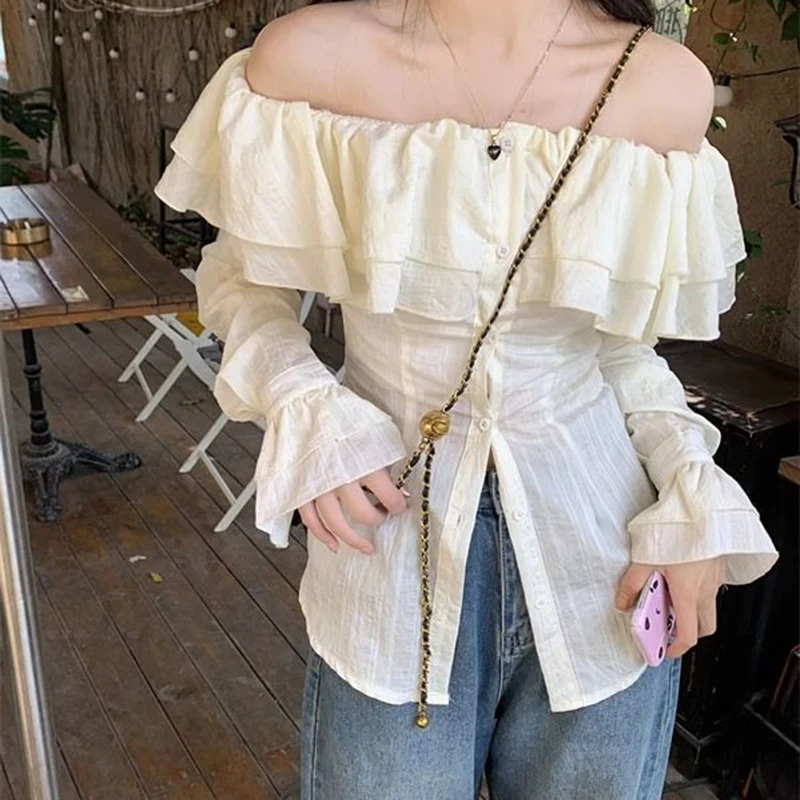 

Slash Neck Solid French Ruffles Shirt Woman Summer Sexy Off Shoulder Ladies Blouse Chic Button Flare Long Sleeve Female Tops