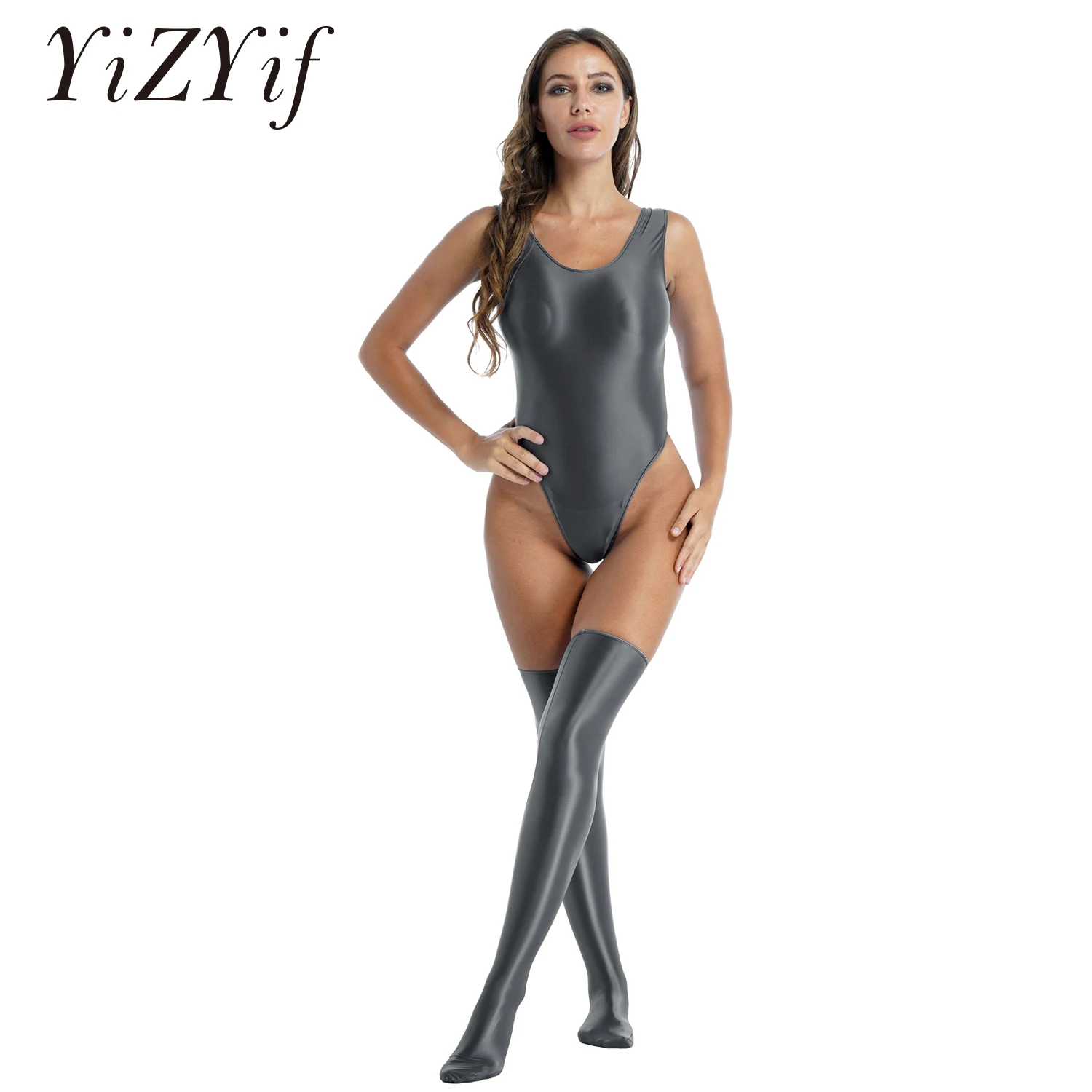 

Glossy High Cut Bodysuit Leotard with Stocking Outfits Women Sexy Tights Shaping Wear One Piece Swimsuit Pole Dancing Clubwear