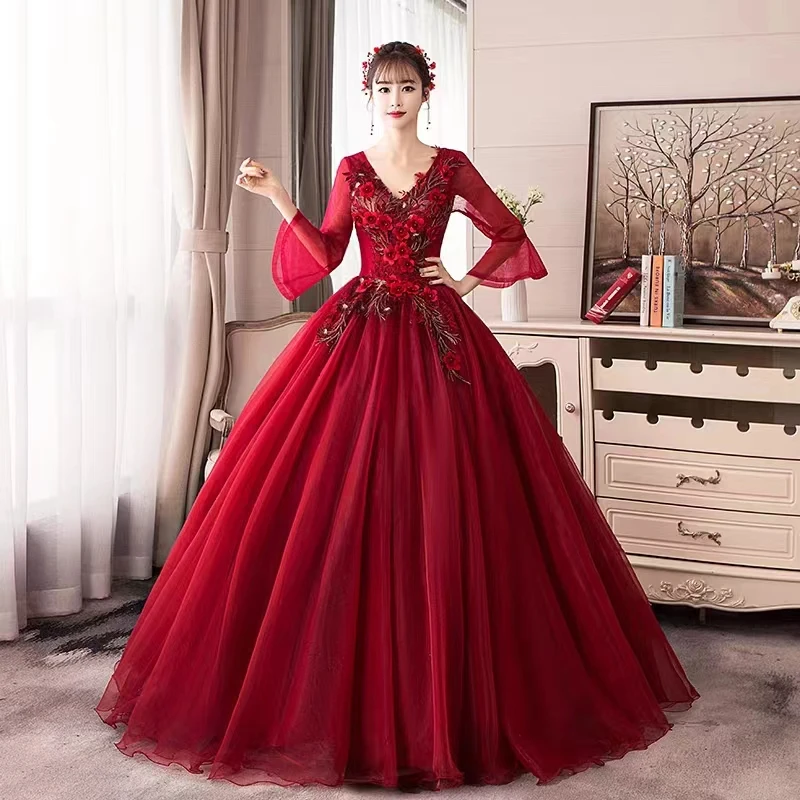 New Burgundy Quinceanera Dresses Long Sleeve Lace Elegant V-neck Party Dress Luxury Lace Ball Gown Vintage Prom Formal Dress
New Burgundy Quinceanera Dresses Long Sleeve Lace Elegant V-neck Party Dress Luxury Lace Ball Gown Vintage Prom Formal Dress